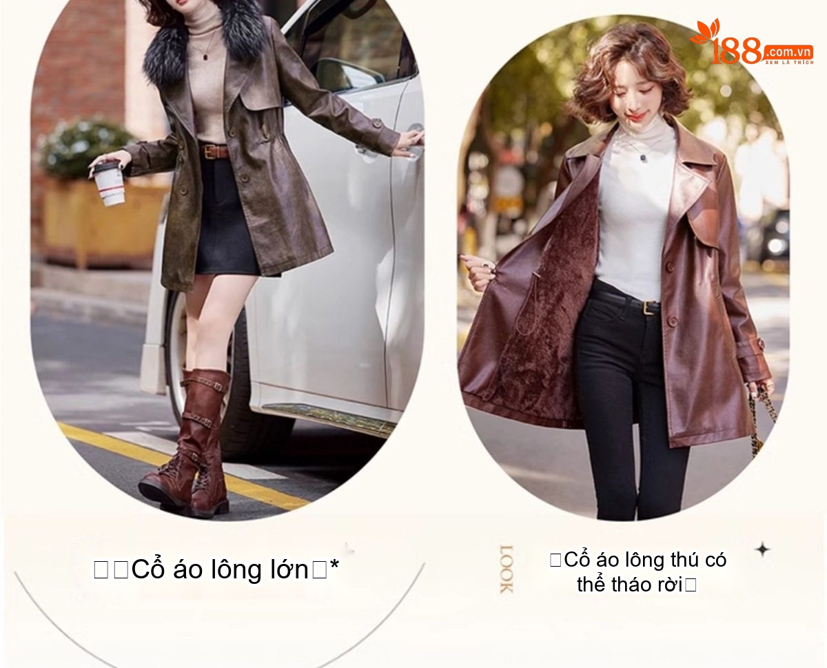 Áo Khoác Da Nữ Lót Lông Dày Dặn Cổ Lông Tháo Rời Màu Đỏ, Nâu, Đen chi tiết 6