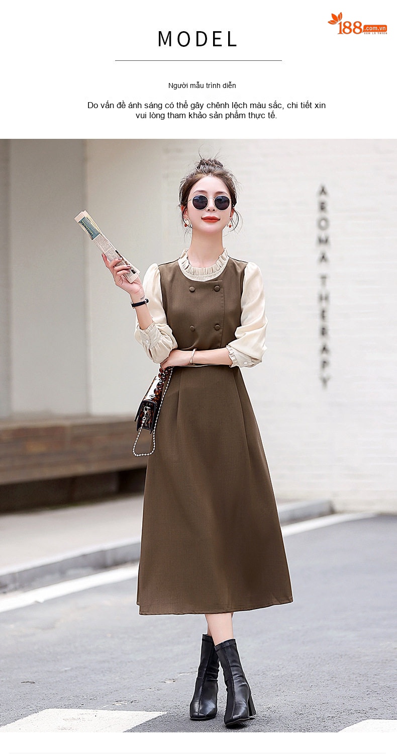Váy Liền Thân Nữ Tiểu Thư Tay Dài Thiết Kế Giả Hai Lớp Thanh Lịch Màu Đen, Nâu, Xám chi tiết 11