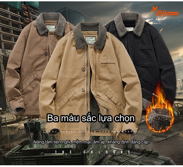 Áo Khoác Nam Cotton Lót Lông Cừu Dày Dặn Cổ Bẻ Giữ Ấm Form Rộng Màu Nâu, Đen chi tiết 6