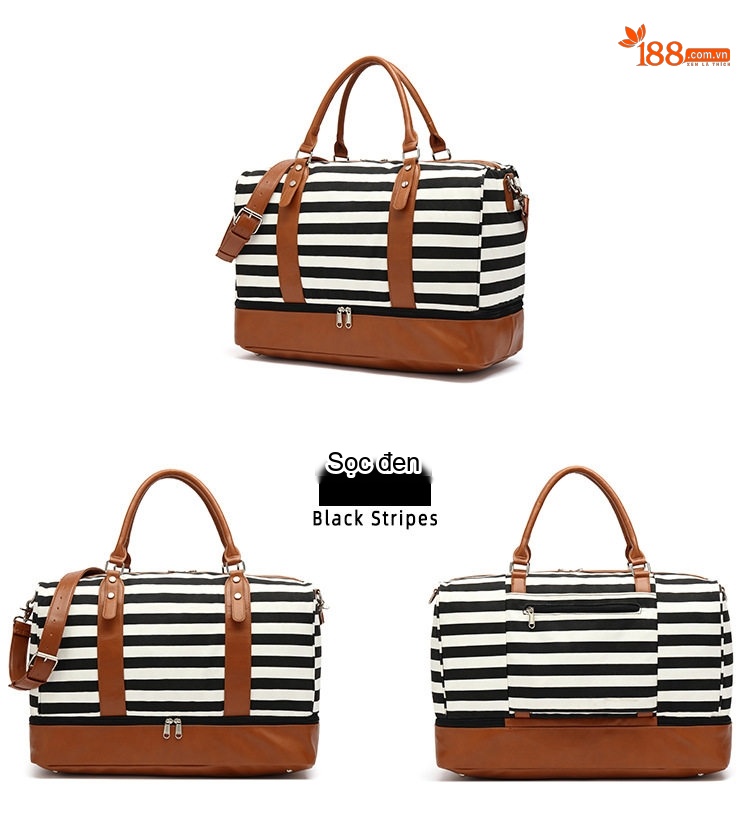 Túi Du Lịch Vải Canvas Chống Nước, Túi Xách Tay, Túi Tập Gym Màu Sọc Xanh Navy, Trắng chi tiết 6