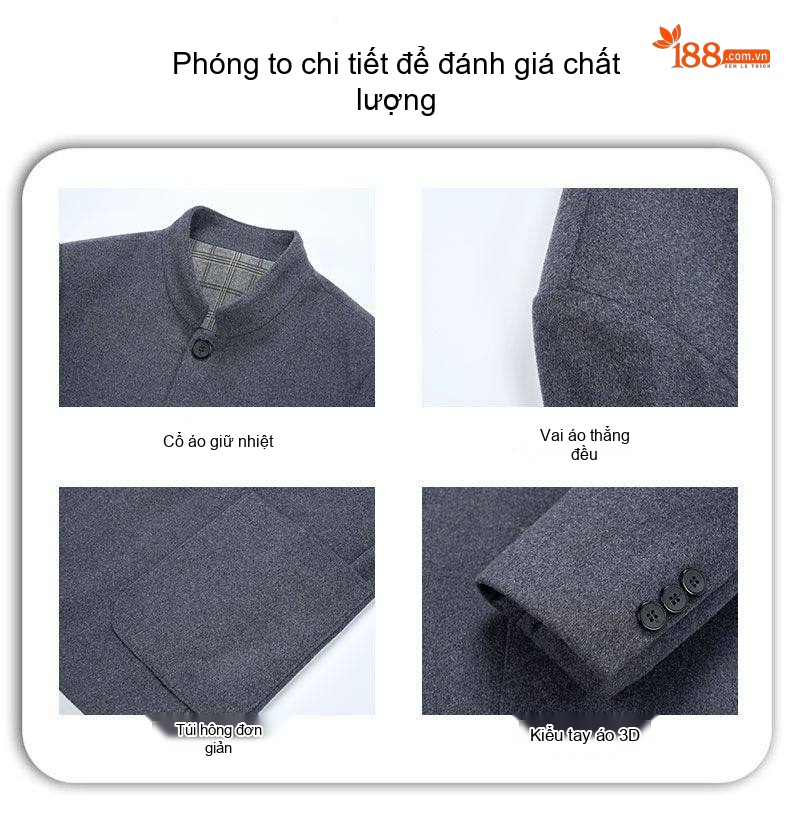 Áo Khoác Dạ Nam 100% Lông Cừu Cổ Trụ Dáng Ngắn Màu Xám Đậm, Xám Nhạt chi tiết 3