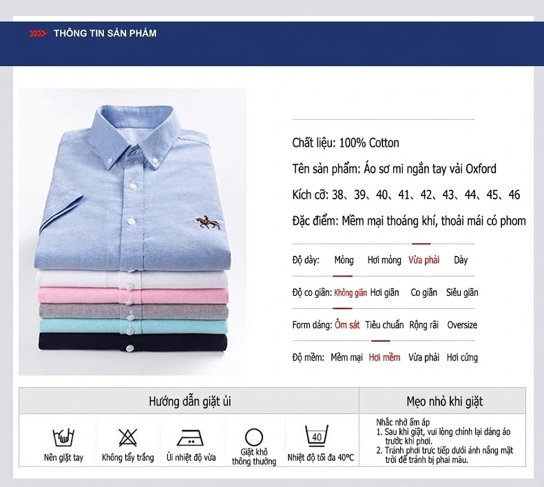 Áo Sơ Mi Ngắn Tay Nam Cotton Oxford Dáng Ôm Vừa Vặn Màu Trắng, Xám, Xanh Dương, Xanh Mint... chi tiết 8