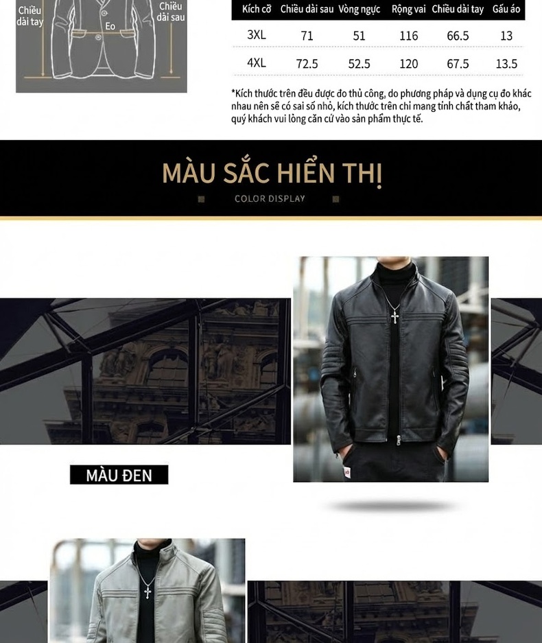 Áo Khoác Da Nam Cổ Trụ Phong Cách Moto Biker Da Bóng Màu Đen, Nâu, Xanh Rêu chi tiết 20