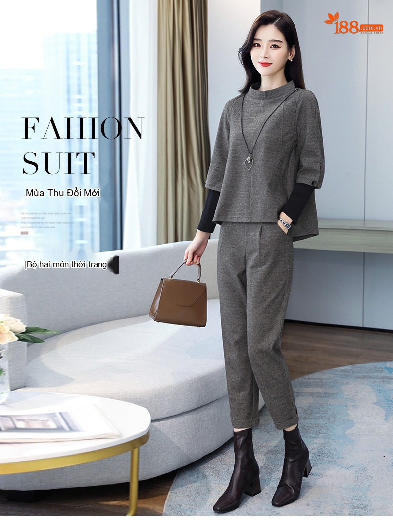 Set Bộ Quần Áo Nữ Thu Đông Dáng Rộng Che Bụng Phong Cách Thời Trang Màu Xám chi tiết 1