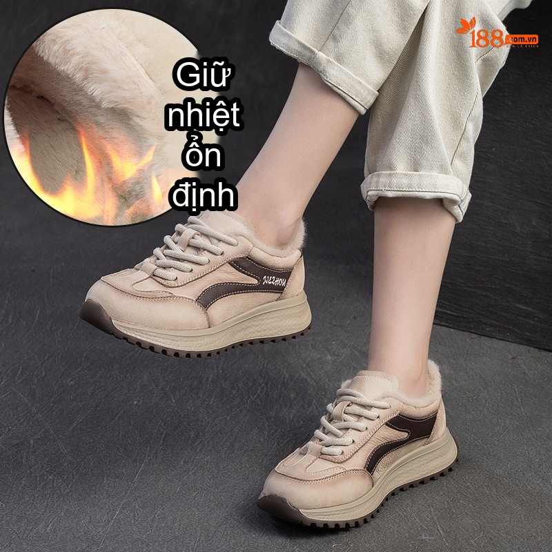 Giày Thể Thao Nữ Lót Lông Đi Mùa Đông Chiều Cao Đế Khoảng 4cm Màu Nâu, Kem