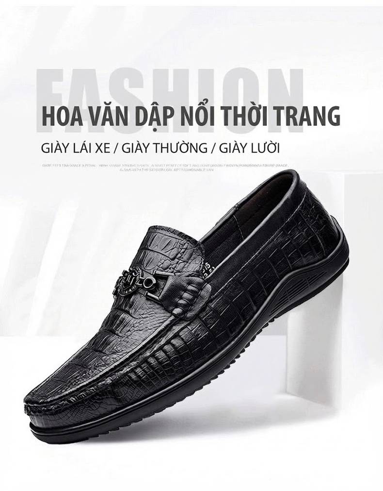Giày Lười Nam Da Bò Vân Cá Sấu Chiều Cao Đế Khoảng 3cm Màu Đen chi tiết 1