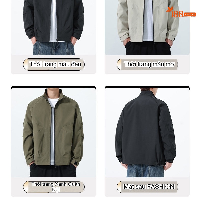 Áo Khoác Bomber Nam Cổ Trụ Phong Cách Công Sở Màu Đen, Kem, Xanh Rêu chi tiết 14