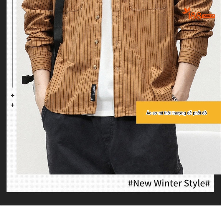 Áo Sơ Mi Nam Tay Dài Kẻ Sọc Retro Dáng Rộng Phong Cách Công Sở Màu Xanh Navy, Nâu, Kem chi tiết 1