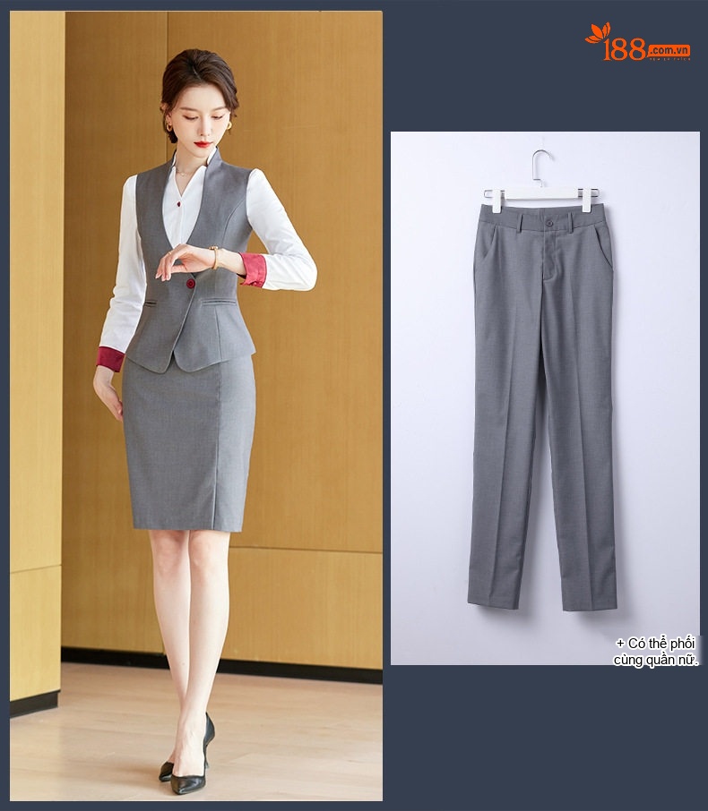 Bộ Vest Công Sở Nam Nữ Áo Ghile Quần Dài Công Nhân Lễ Tân Khách Sạn Màu Xám, Xanh Navy, Đỏ chi tiết 13