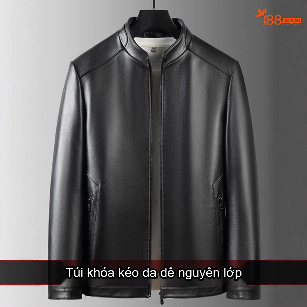 Áo Khoác Da Nam Da Cừu Trung Niên Cao Cấp Có Túi Khóa Kéo Màu Đen