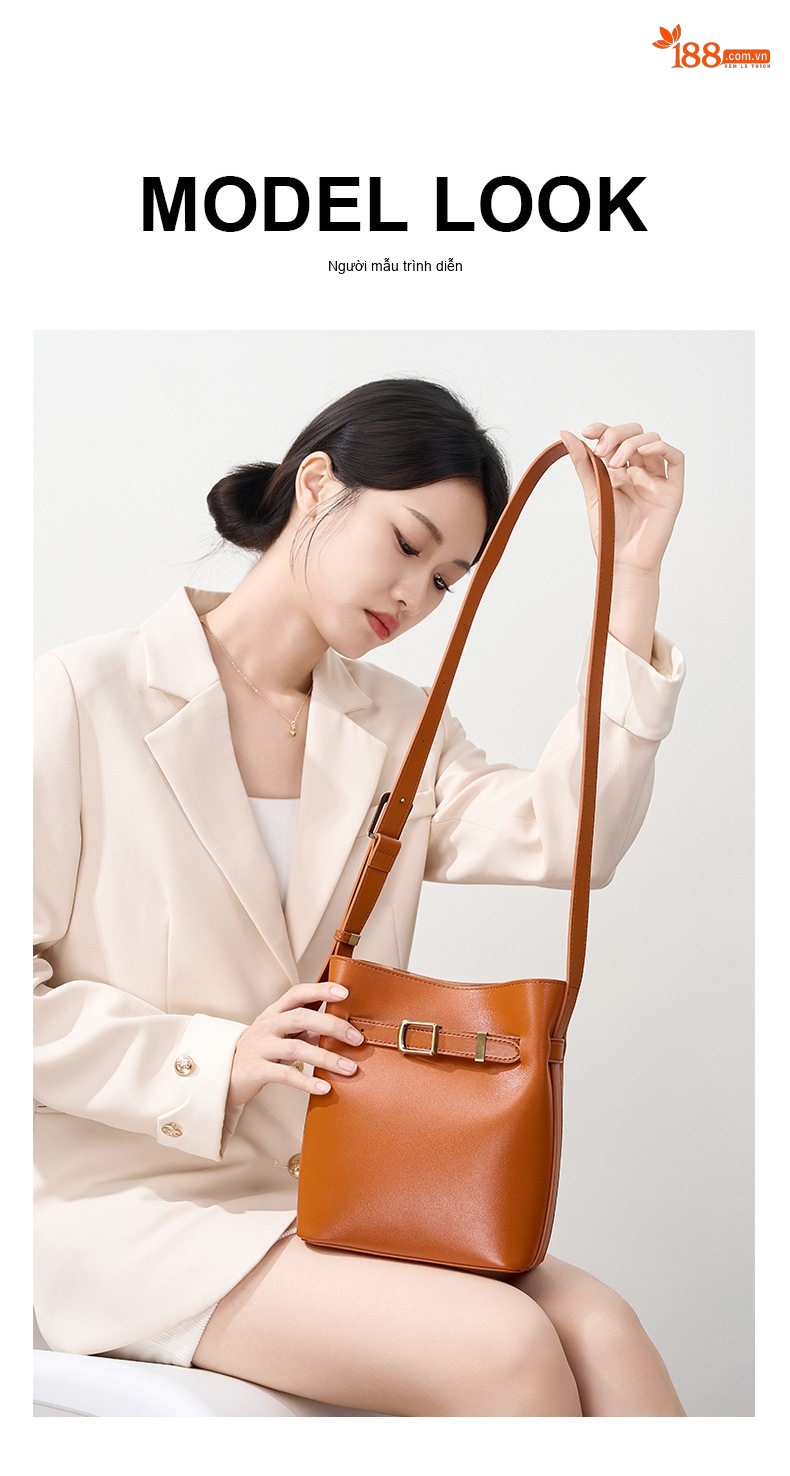 Túi Đeo Vai Nữ Da Thật Dáng Bucket Vintage Màu Nâu, Trắng chi tiết 4