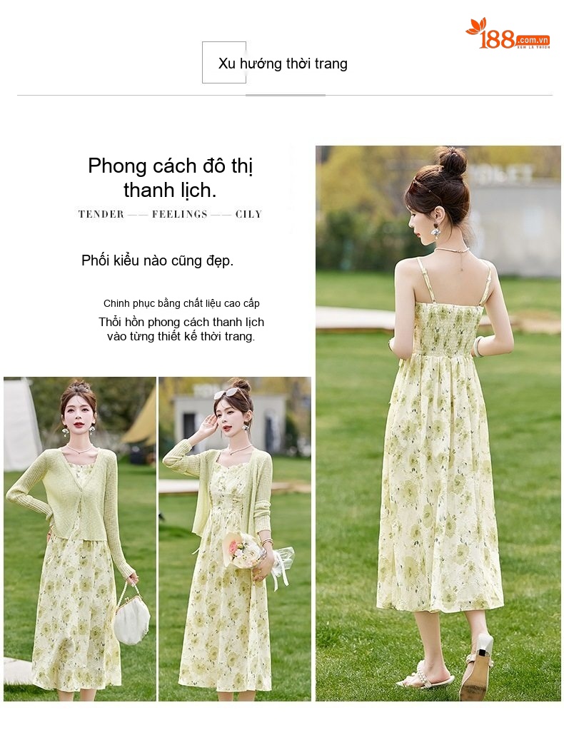 Váy Hai Dây Nữ dáng chữ A Chiết Eo Họa Tiết Hoa Nhỏ Kèm Áo Khoác Cardigan Dệt Kim Màu Xanh Nhạt chi tiết 2