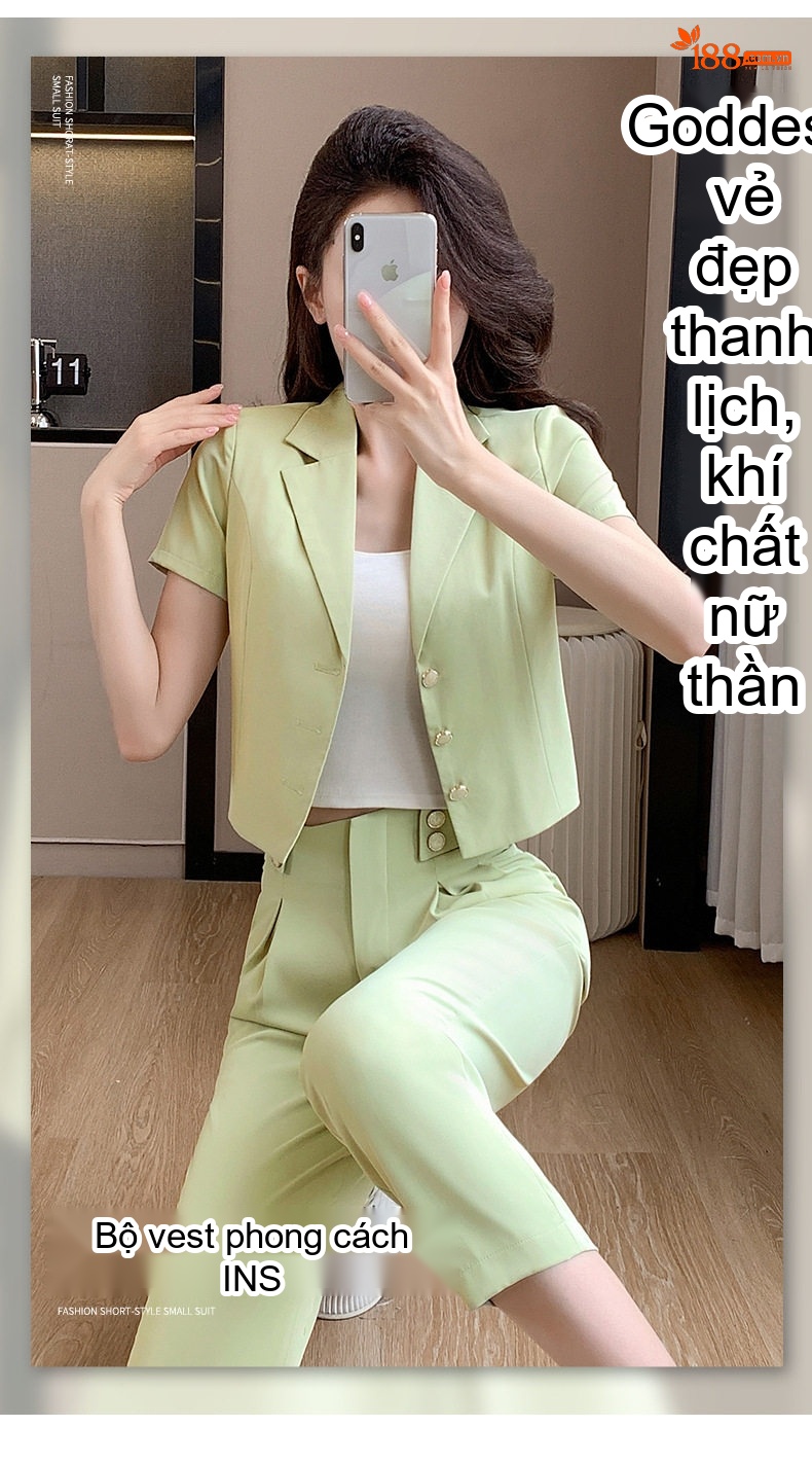 Bộ Vest Công Sở Nữ Tay Ngắn Quần Dài Thanh Lịch Màu Xanh Lá, Tím chi tiết 2