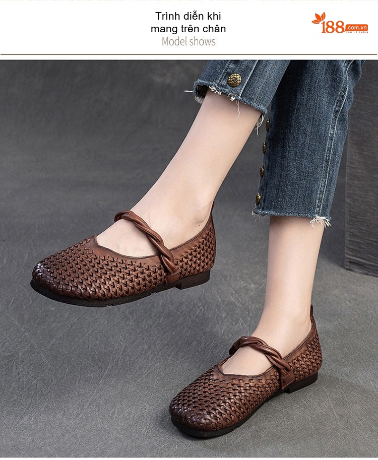 Giày Búp Bê Nữ Bệt Đan Thủ Công Phong Cách Cổ Điển Chiều Cao Đế Khoảng 1cm Màu Nâu chi tiết 7