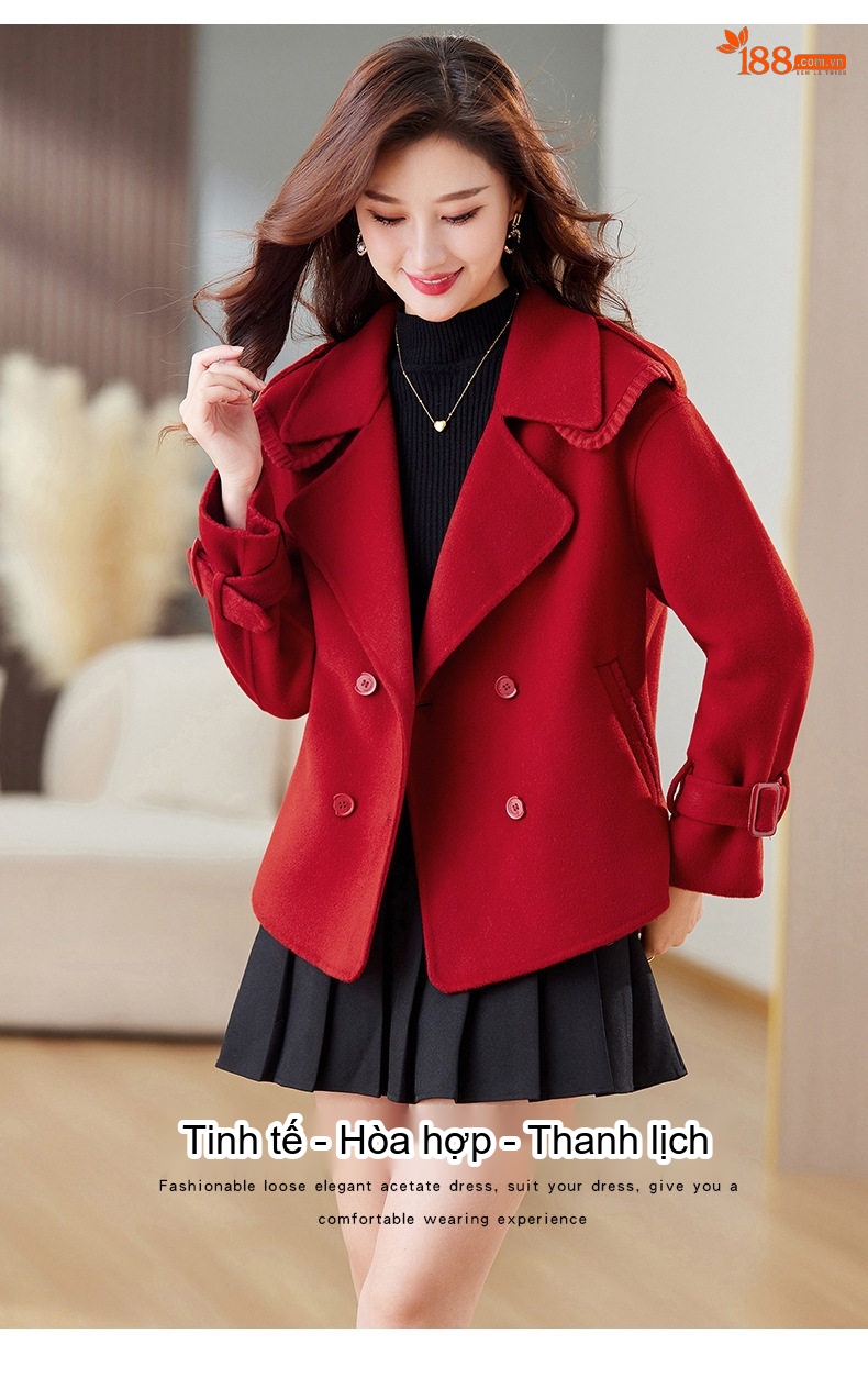 Áo Khoác Dạ Nữ Hai Mặt Dáng Ngắn Cổ chữ Vest Thời Trang Màu Đỏ, Nâu, Đen, Hồng chi tiết 2