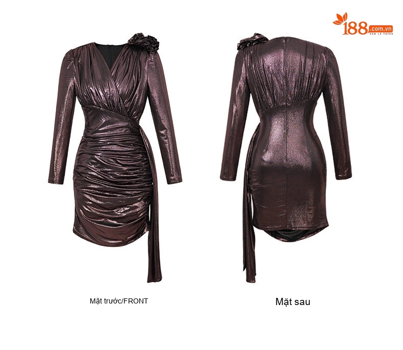 Đầm Ôm Body Nữ Tay Dài Cổ Chữ V Thiết Kế Nhún Bèo Phong Cách Gợi Cảm Màu Nâu Đồng chi tiết 5