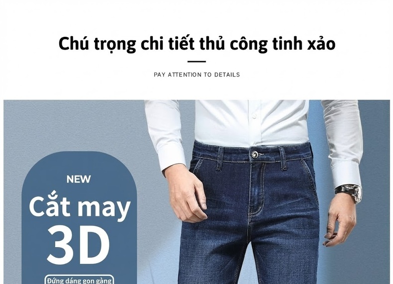 Quần Jeans Dài Nam Ống Đứng Co Giãn Thoải Mái Màu Xanh Dương Đậm chi tiết 9