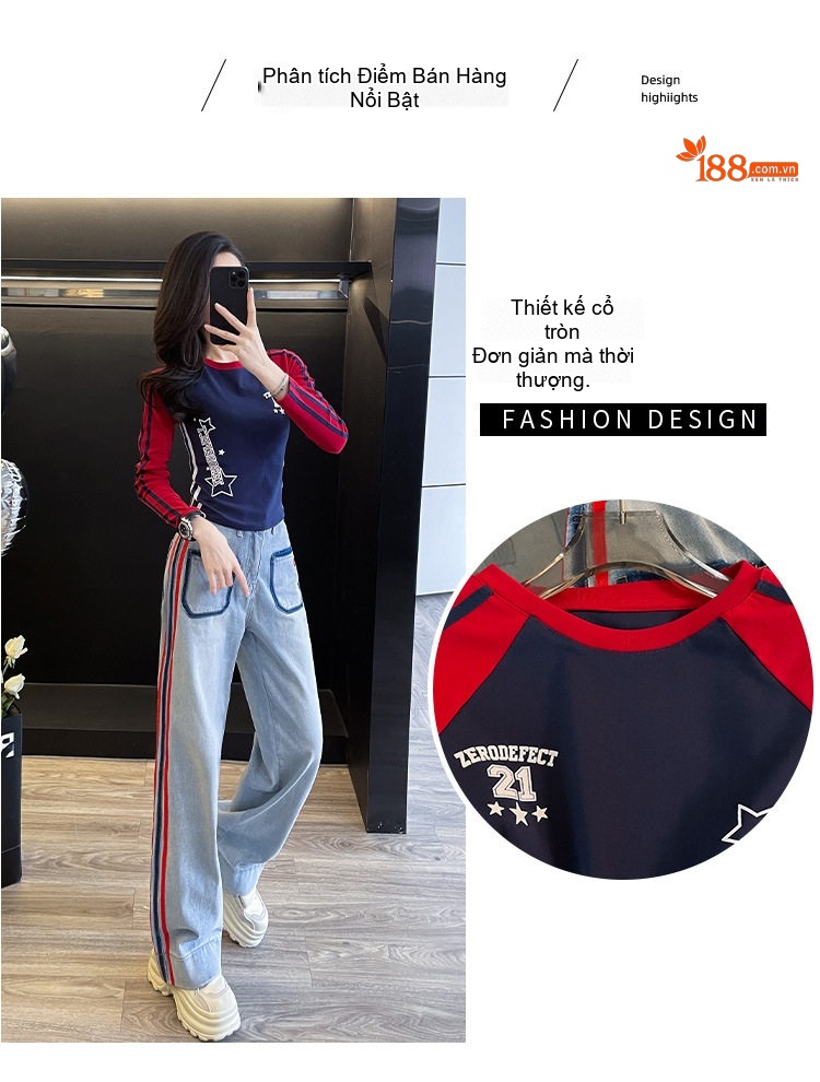 Set Bộ Áo Thun Tay Dài Cổ Tròn Quần Jean Ống Rộng Phong Cách Retro Màu Xanh, Đỏ chi tiết 7