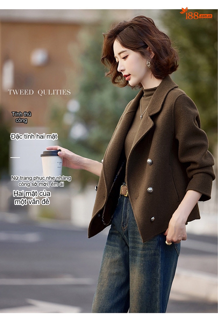 Áo Khoác Dạ Nữ Dáng Vest Hai Mặt Lông Cừu Cashmere Phong Cách Tiểu Thư Màu Đỏ, Xám, Nâu, Kem chi tiết 10