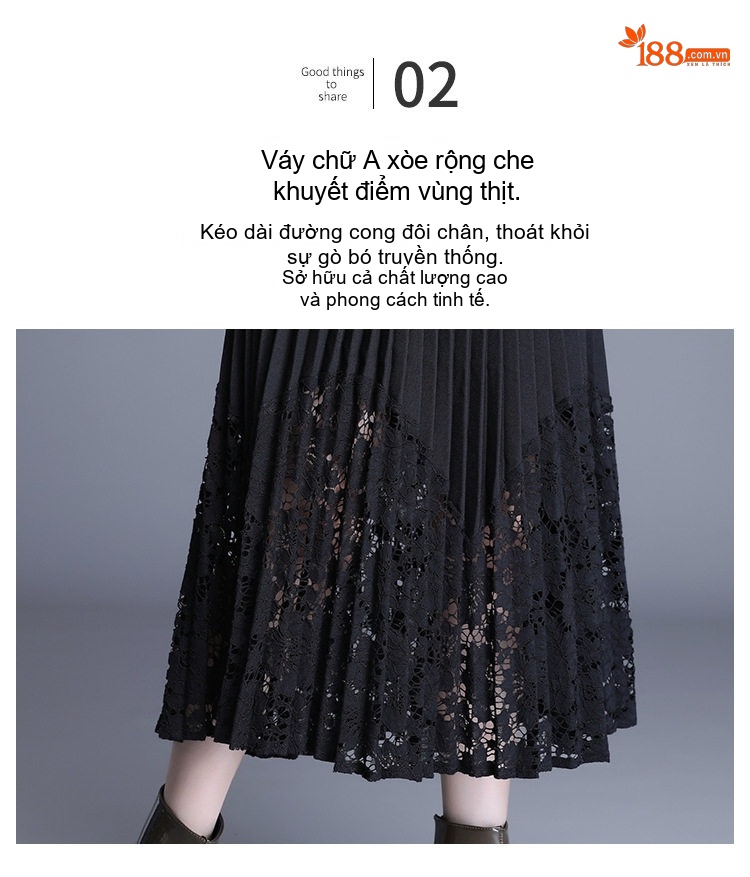 Chân Váy Midi Xếp Ly Ren Lưới Phong Cách Hàn Quốc Màu Đen chi tiết 15