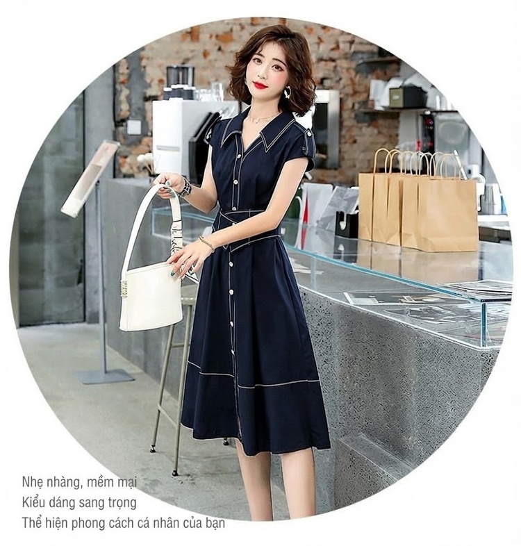 Váy Đầm Nữ Tay Ngắn dáng chữ A Chít Eo Thanh Lịch Thời Trang Hàn Quốc Màu Xanh Navy chi tiết 12