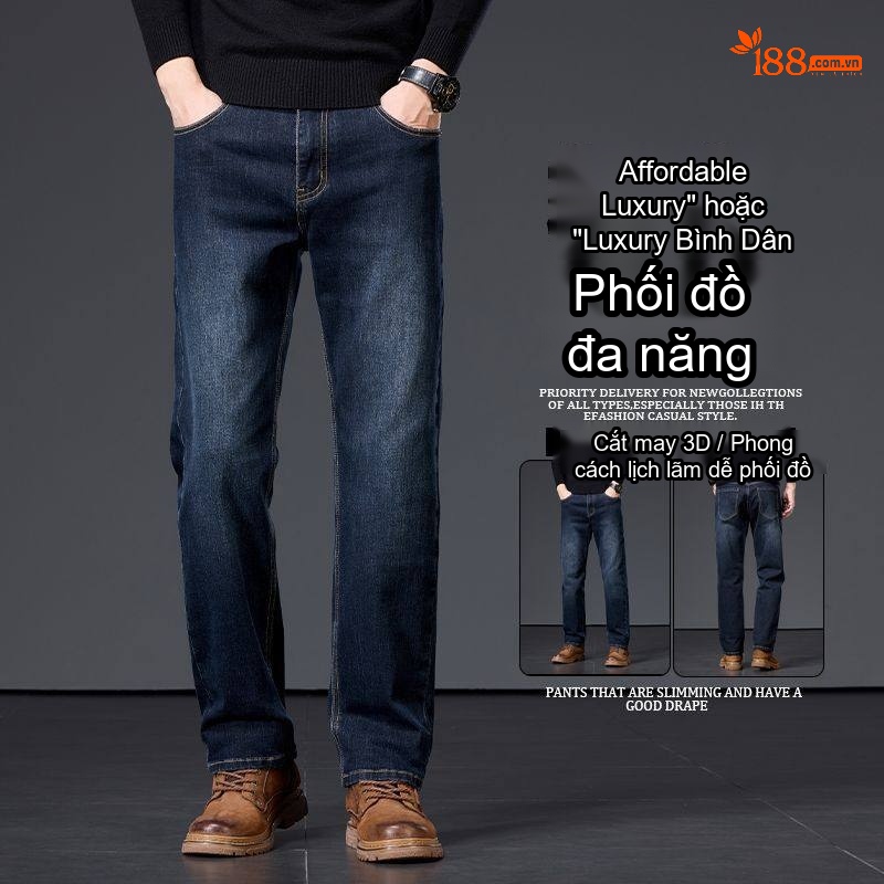 Quần Jeans Nam Ống Đứng Rộng Co Giãn Thoải Mái Màu Xám Xanh Đậm