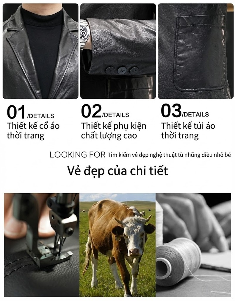 Áo Khoác Da Bò Nam Dáng Vest Tây Khóa Cài Phong Cách Hải Ninh Màu Đen chi tiết 3