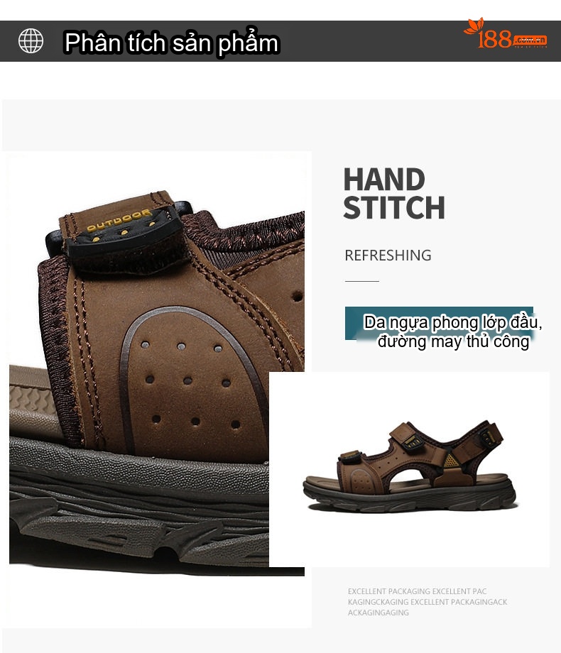 Sandal Nam Da Bò Hở Ngón Thoáng Khí Chiều Cao Đế Khoảng 3cm Màu Nâu, Đen chi tiết 9