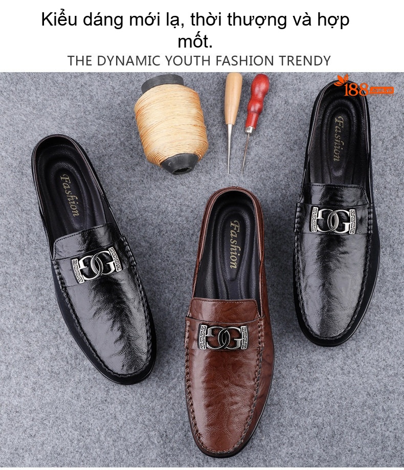 Giày Lười Nam Da Thật Thoáng Khí Chiều Cao Đế Khoảng 1cm Màu Đen, Nâu chi tiết 3