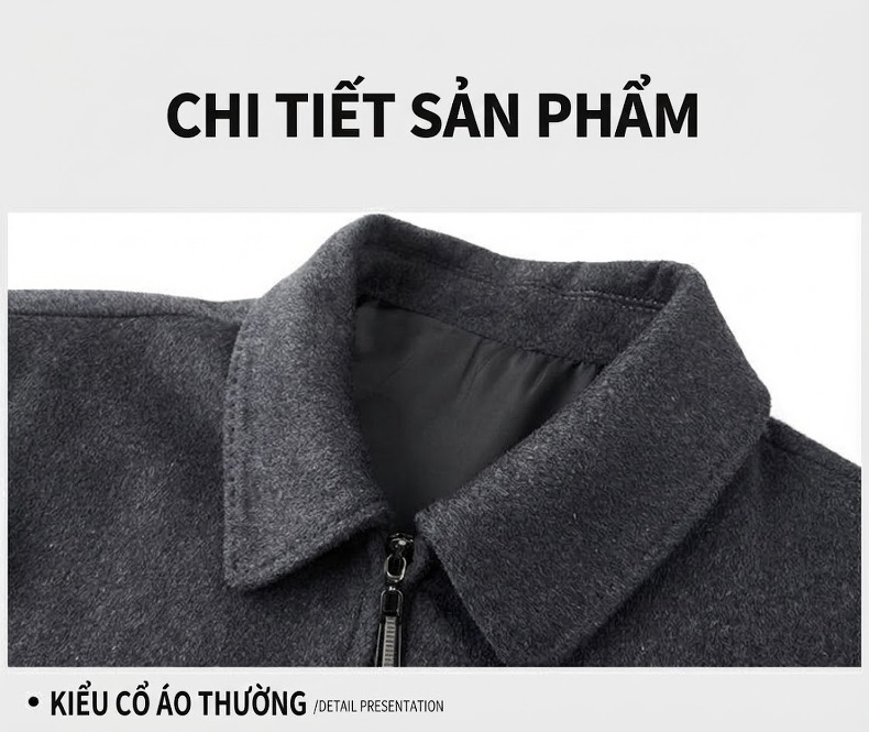 Áo Khoác Nam Dáng Ngắn Cổ Bẻ Chất Liệu Lông Cừu Màu Xám, Đen chi tiết 20