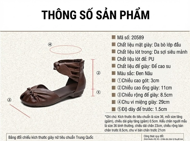 Dép Sandal Nữ Hở Mũi Quai Cổ Chân Da Mềm Đế Cao 3cm - 4cm Màu Đen, Nâu chi tiết 2