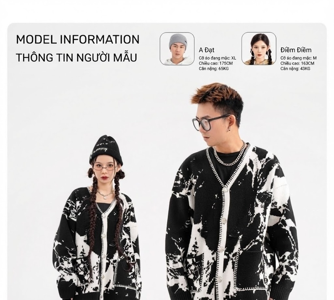 Áo Khoác Cardigan Nam Nữ Dệt Kim Họa Tiết Loang Lổ Phong Cách Đường Phố Màu Đen Trắng chi tiết 4