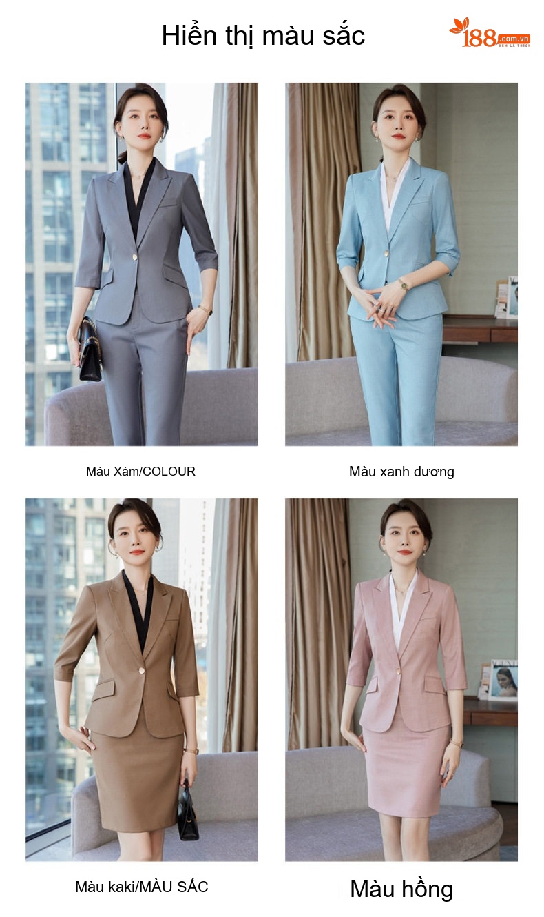 Bộ Vest Công Sở Nữ Tay Lỡ Phong Cách Hàn Quốc Màu Xám, Xanh Dương, Hồng, Nâu chi tiết 4