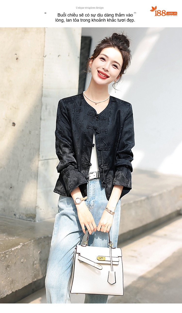 Áo Khoác Lửng Nữ Họa Tiết Jacquard Phong Cách Trung Hoa Cổ Điển Màu Đỏ, Đen chi tiết 24