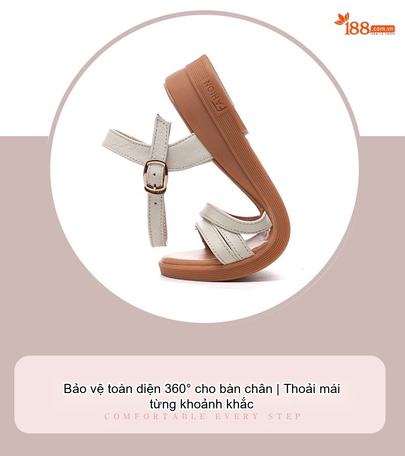 Dép Sandal Nữ Quai Chéo Đế Xuồng Da Mềm Chống Trượt Đế Cao 4cm - 5cm Màu Đen, Trắng chi tiết 3