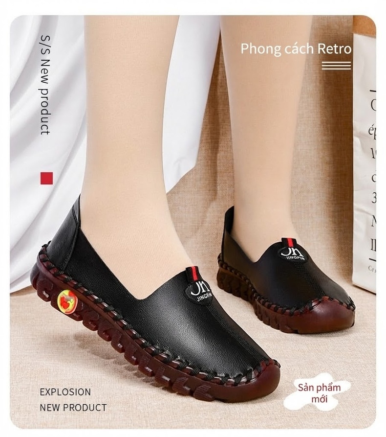Giày Búp Bê Đế Bệt Da Bóng Mềm Mại Chiều Cao Đế Khoảng 1cm Màu Kem, Nâu, Đen, Đỏ... chi tiết 3