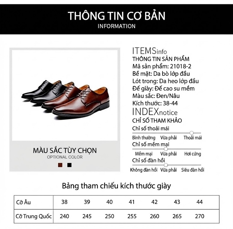 Giày Tây Buộc Dây Nam Da Bò Mũi Nhọn Chiều Cao Đế Khoảng 3cm Màu Đen, Nâu chi tiết 3