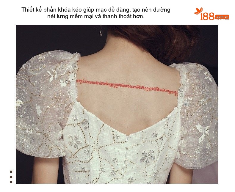 Váy Dạ Hội Dáng Dài Kiểu Pháp Khí Chất Tiên Nữ Màu Trắng, Nơ Đen chi tiết 3