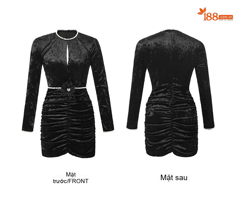Đầm Nhung Dài Tay Ôm Body Đính Đá Thiết Kế Tiểu Thư Màu Đen chi tiết 5