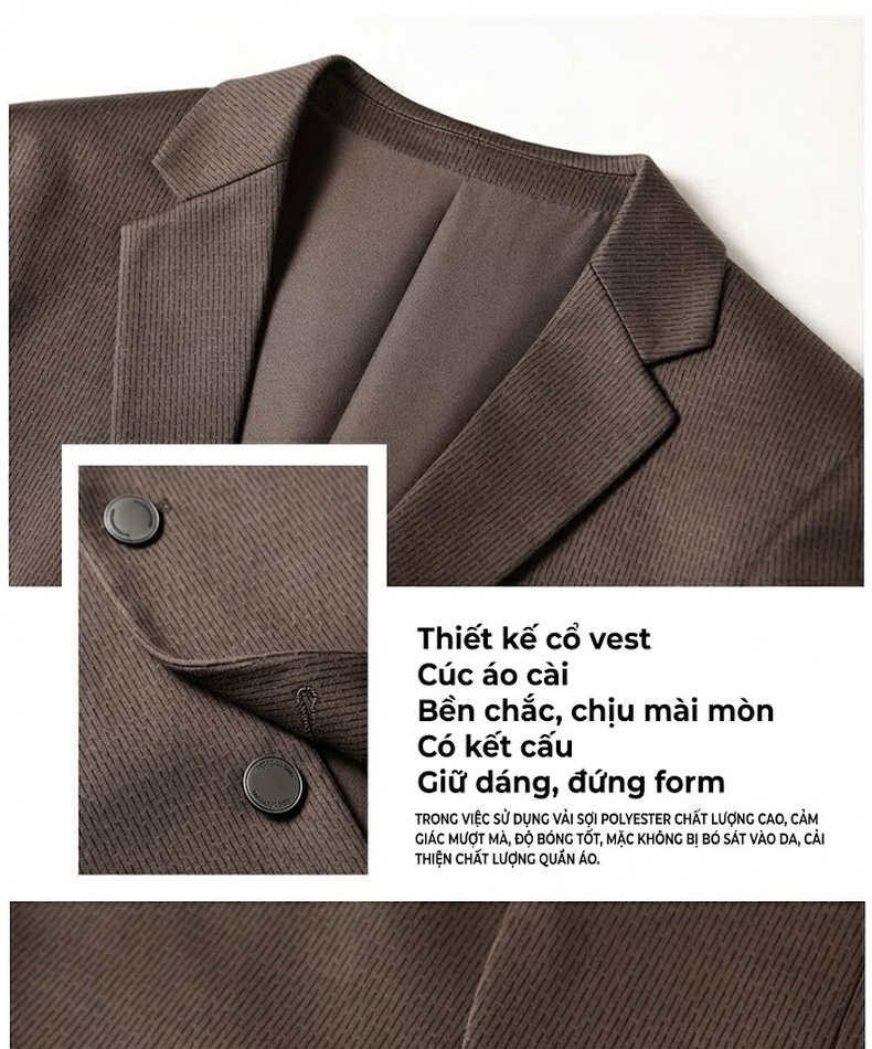 Áo Vest Blazer Nam Vải Dệt Công Sở Chống Nhăn Màu Nâu chi tiết 5
