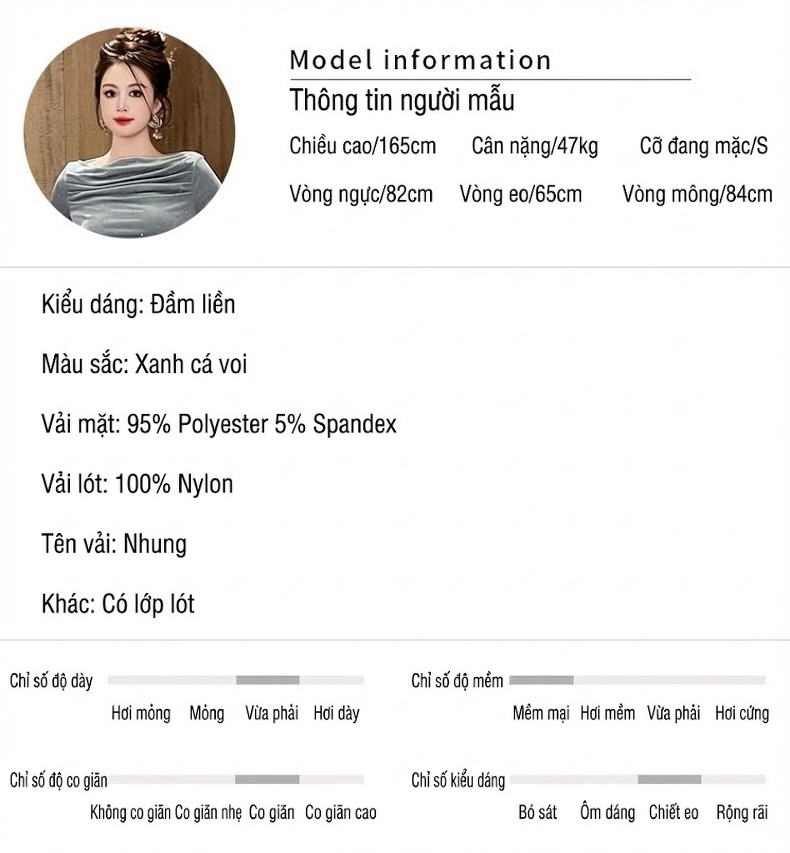 Váy Đầm Nữ Pháp Cổ Điển Hở Vai Tay Dài Nhung Ép Kim Dáng Ôm Màu Xanh Bạc chi tiết 2