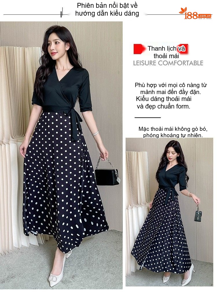 Váy Đầm Nữ Dáng Dài Họa Tiết Chấm Bi Eo Thun Xẻ Tà Phong Cách Pháp Màu Đen chi tiết 1