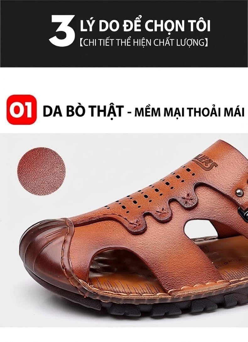 Dép Sandal Nam Da Bò Bít Mũi Thoáng Khí Chiều Cao Đế Khoảng 2cm Màu Nâu, Đen chi tiết 8