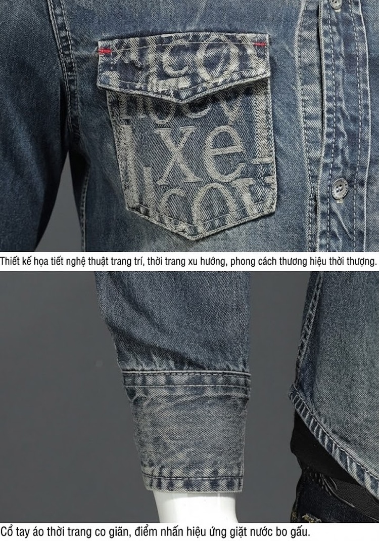 Áo Sơ Mi Denim Nam Thêu Họa Tiết Cá Tính Dáng Ôm Vừa Vặn Màu Xanh chi tiết 7