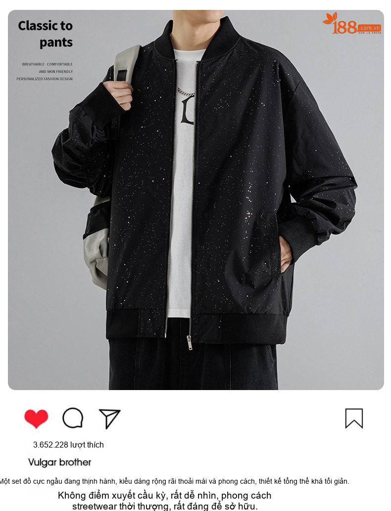 Áo Khoác Bomber Nam Họa Tiết Ánh Sao Phong Cách Retro Chống Thấm Nước Màu Đen, Be chi tiết 1