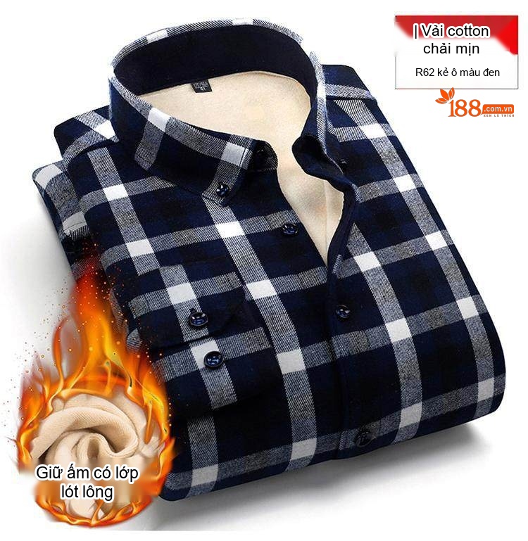 Áo Sơ Mi Nam Cotton Dài Tay Lót Lông Cổ Điển Chống Nhăn Màu Xanh Navy, Xám, Đỏ, Xanh Lá... chi tiết 12
