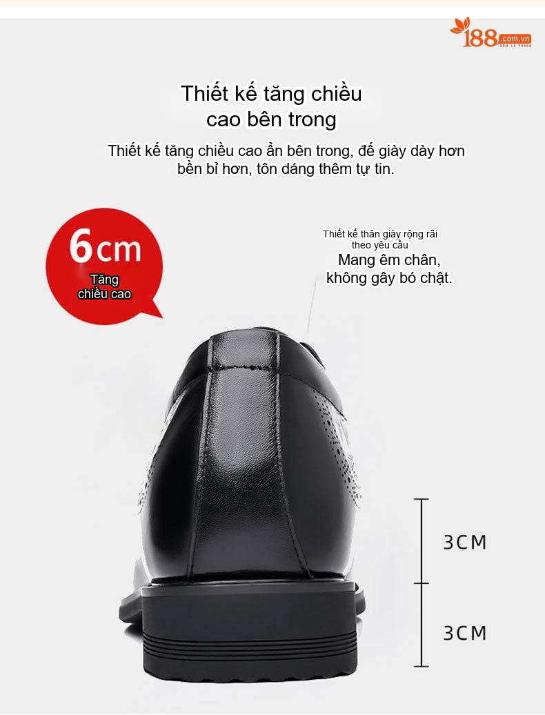 Giày Tây Buộc Dây Nam Da Bò Brogue Chiều Cao Đế 6cm Màu Đen chi tiết 12
