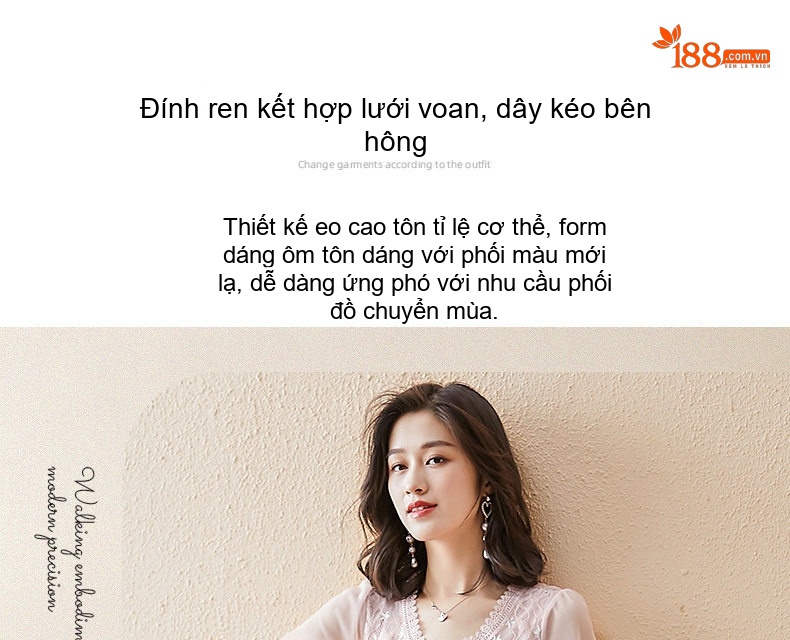 Váy Lưới Pháp Nữ Dáng Dài Chiết Eo Tôn Dáng Màu Trắng, Hồng chi tiết 3