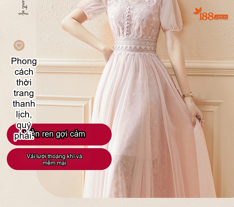Váy Lưới Pháp Nữ Dáng Dài Chiết Eo Tôn Dáng Màu Trắng, Hồng chi tiết 4