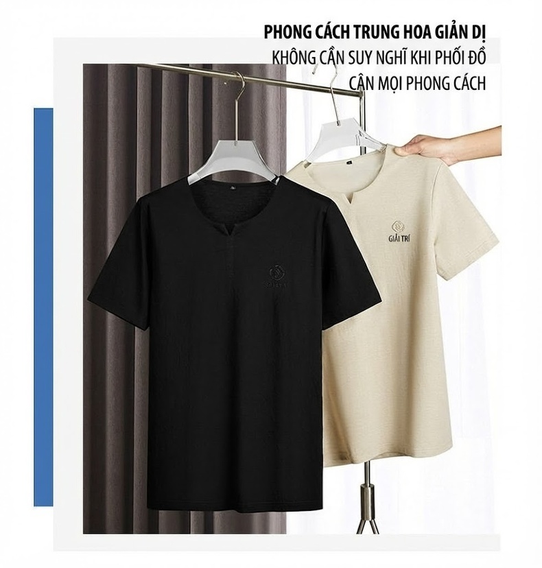 Áo Thun Cổ chữ V Nam Tay Ngắn Phong Cách Trung Hoa Size Lớn Màu Đen, Kem chi tiết 10